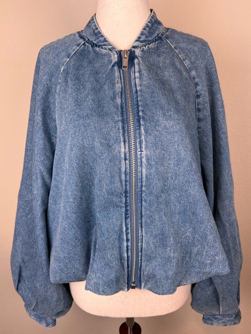 NWT Future Collective Denim Bubble Bomber Jacket Women’s S Blue Balloon Sleeve